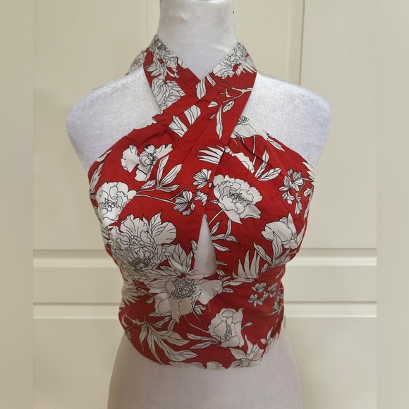 Express Tops - Express red, white and black floral cross neck top